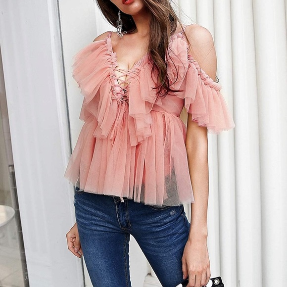 NWT - Romantic Ruffled Tulle Peplum Blouse – Cold Shoulder Lace-Up Top 🎀💕 - Picture 2 of 6